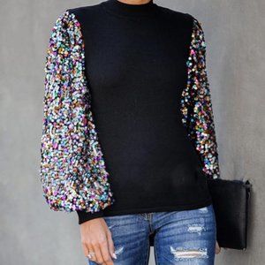 Inkach Ladies Half High Neck Sequin Sequin Stitching Lantern Sleeve Long Sleeve